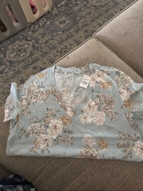 LOFT Powder Blue Floral V-Neck Tee